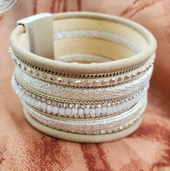FINAL DROP!! Tan Faux Suede & Gold Faux Leather Bohemian Wrap Style Bracelet - Picture 4 of 9